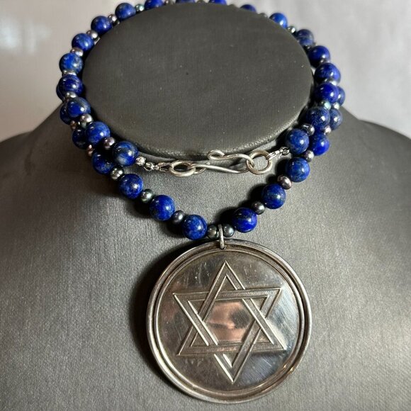 Star of David Menorah Sterling Silver Lapis Lazuli Necklace 925 Tahitian Pearls - Picture 2 of 8